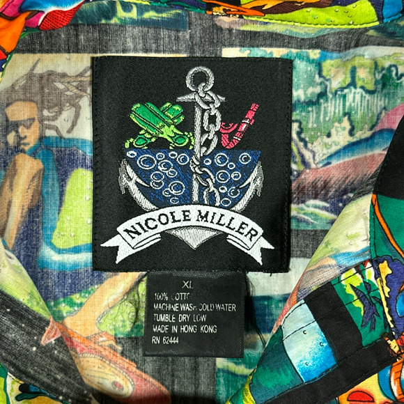 Nicole Miller Hawaiian Shirt Womens EXTRA LARGE Green Black Surfing Water Sports - Picture 5 of 8